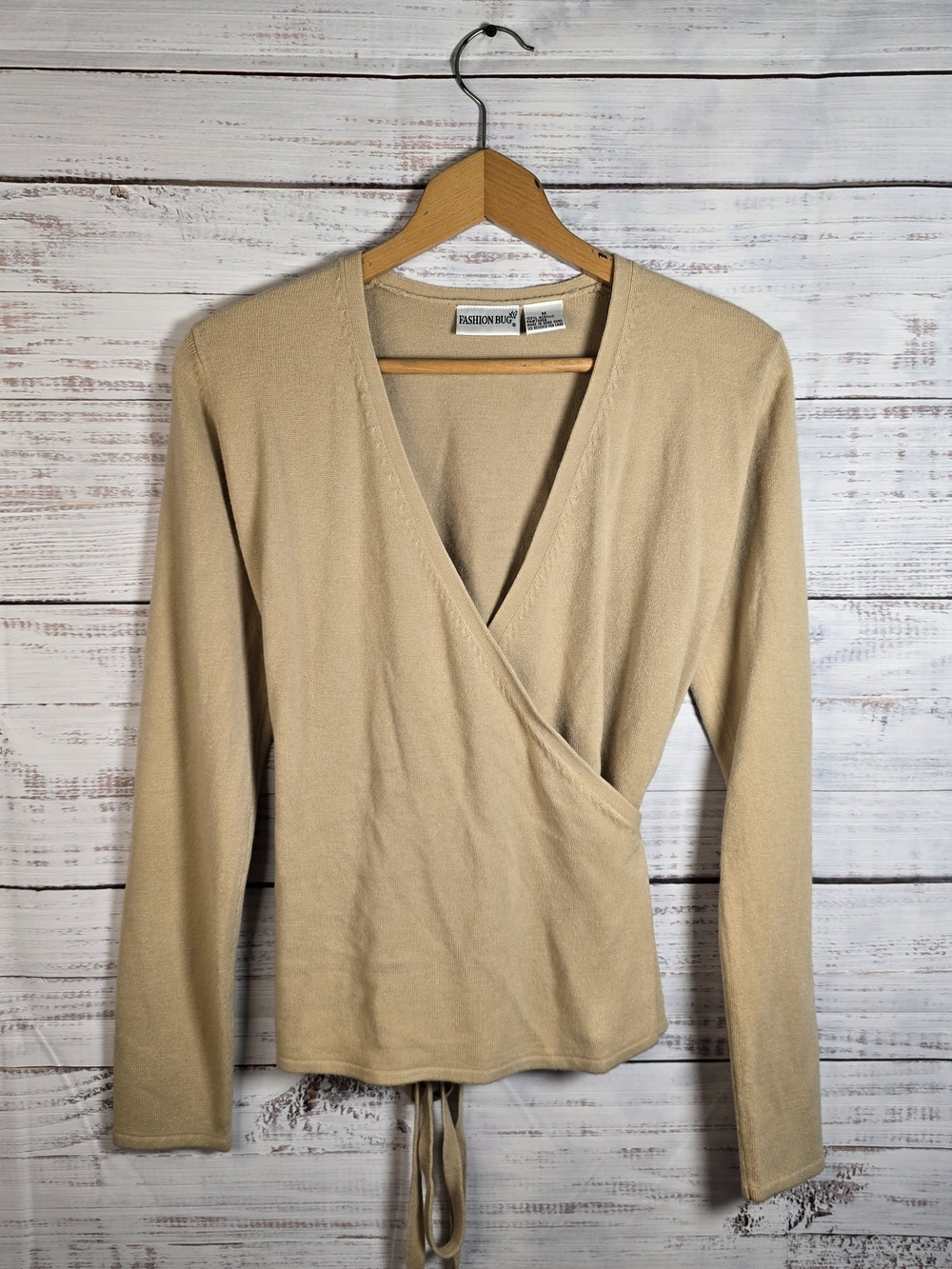 Fashion Bug Beige Wrap Tie Front Long Sleeve Sweater Top Size M Y2K